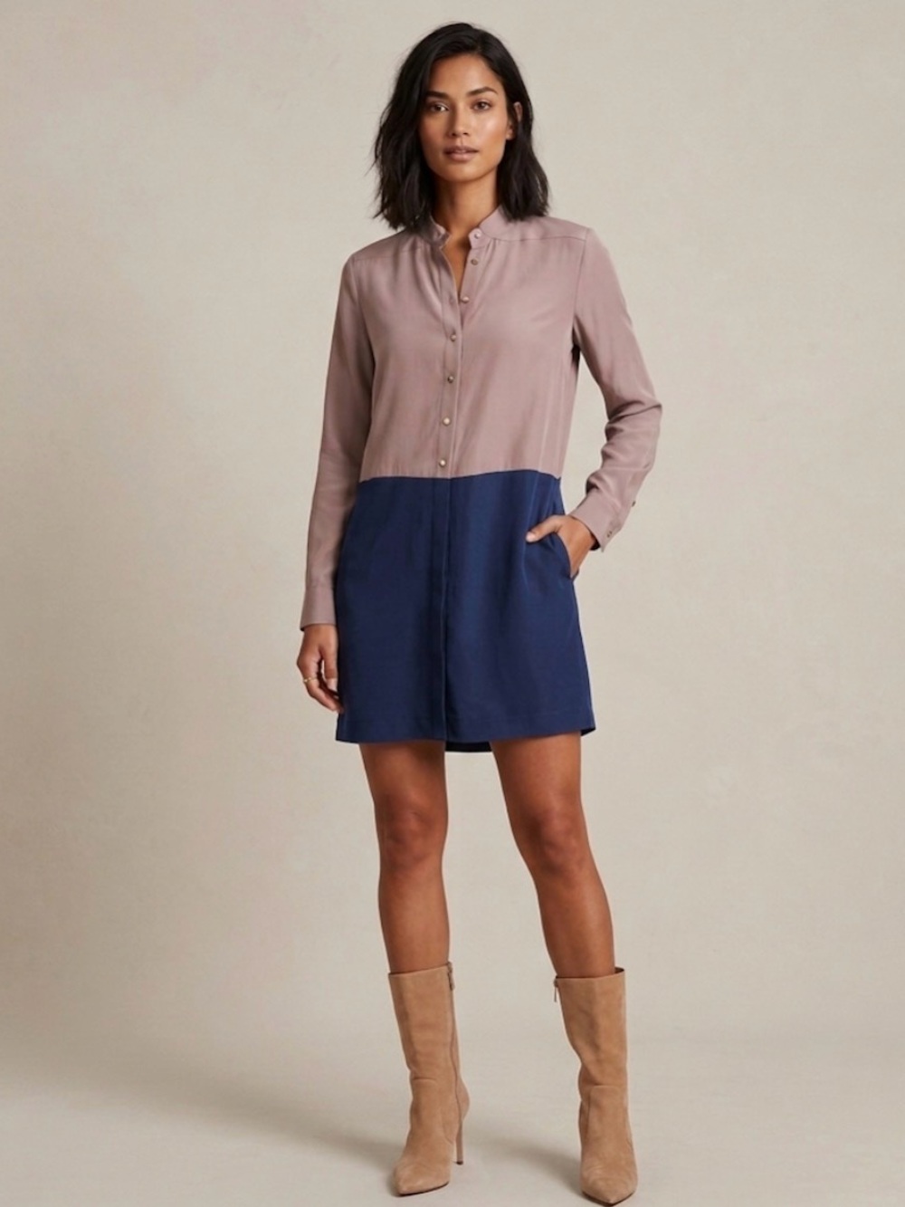 AMANDA UPRICHARD Colorblock Shirt Dress Long Sleeve in Tan/Navy Size S *Flawed